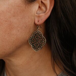 Filigree Earrings Black with goldtone trim wire pierced 1.75” dangle